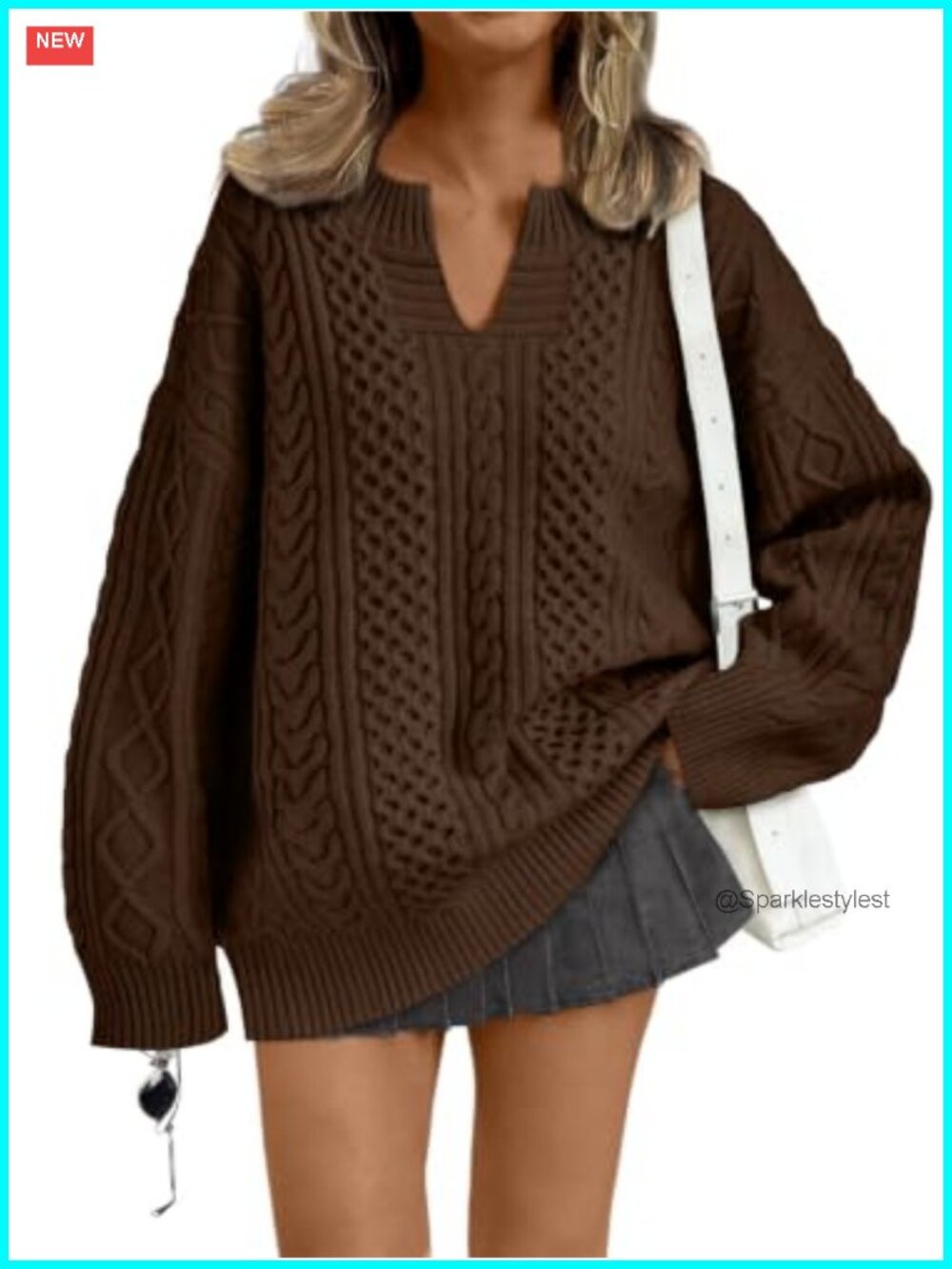 Oversized Cable Knit V-Neck Sweater Dropped Shoulder Pullover